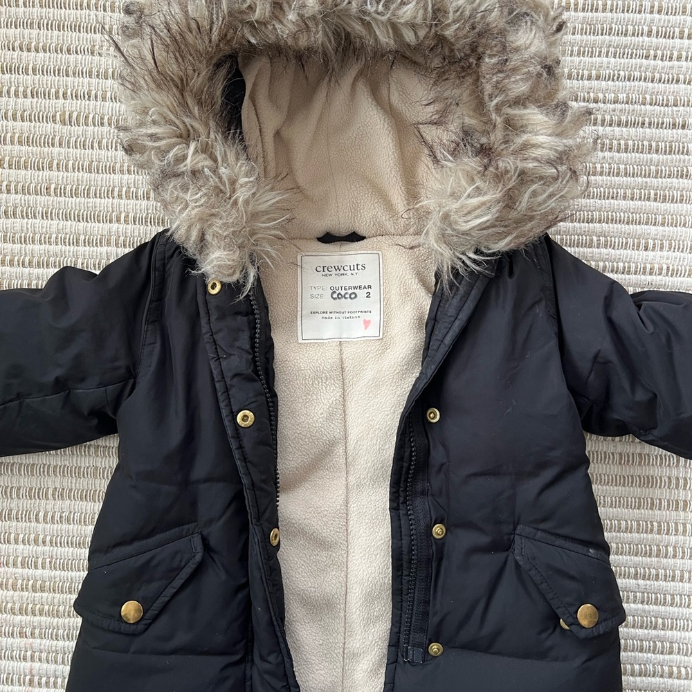 J.Crew Crewcuts Black Puffer Winter Jacket with Faux Fur Hood Size 2 Toddler